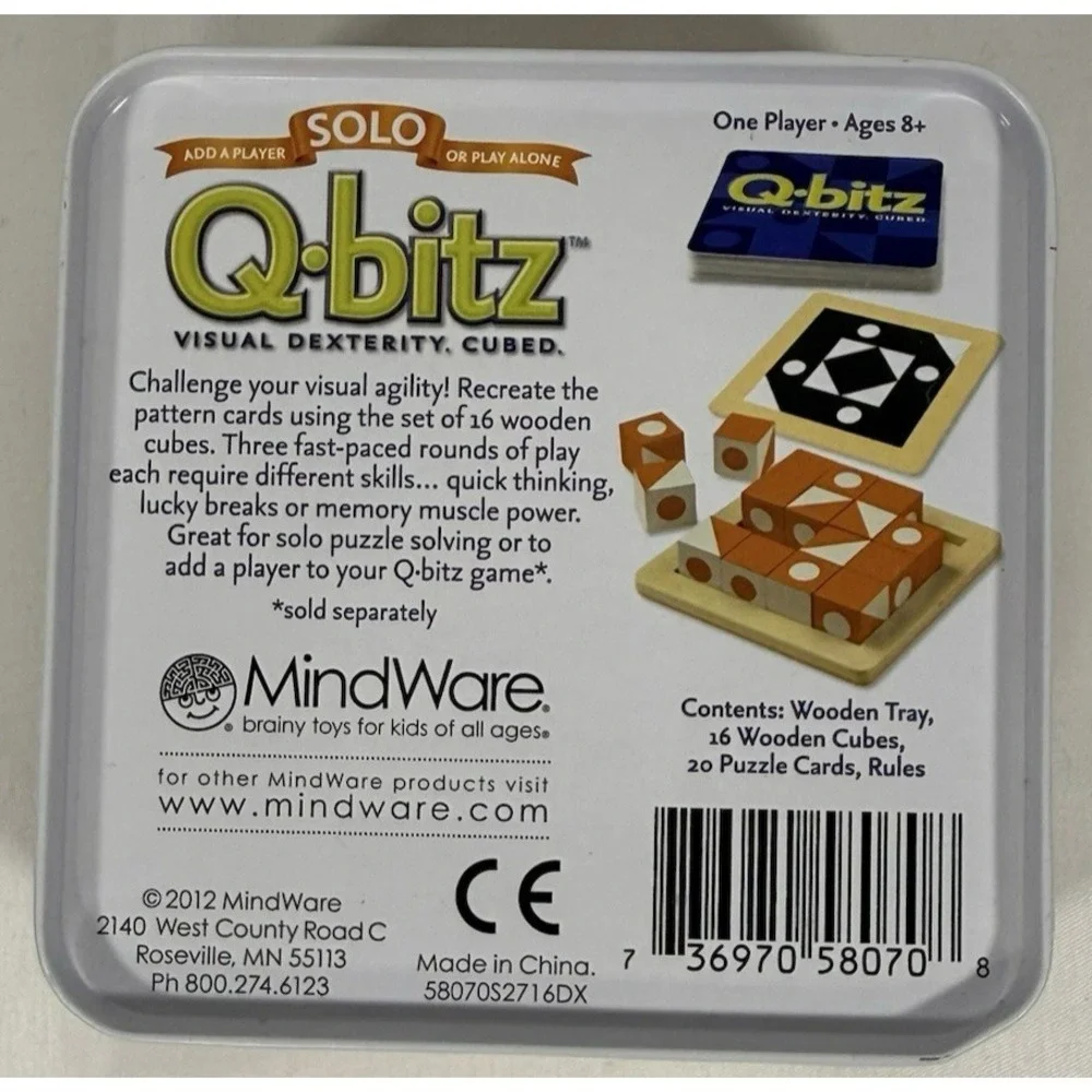 MindWare Q-bitz Solo Puzzle Game Kids Ages 8+ Orange Visual Dexterity Cubed Tin